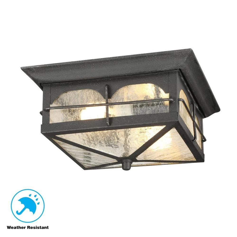 Home Decorators Collection Brimfield 11 in. Aged Iron 2 Light Outdoor Ceiling Flush Mount Light with Clear Seedy Glass Shade 9 Home Decorators Collection Brimfield 11 in. Aged Iron 2 Light Outdoor Ceiling Flush Mount Light with Clear Seedy Glass Shade - Image 7