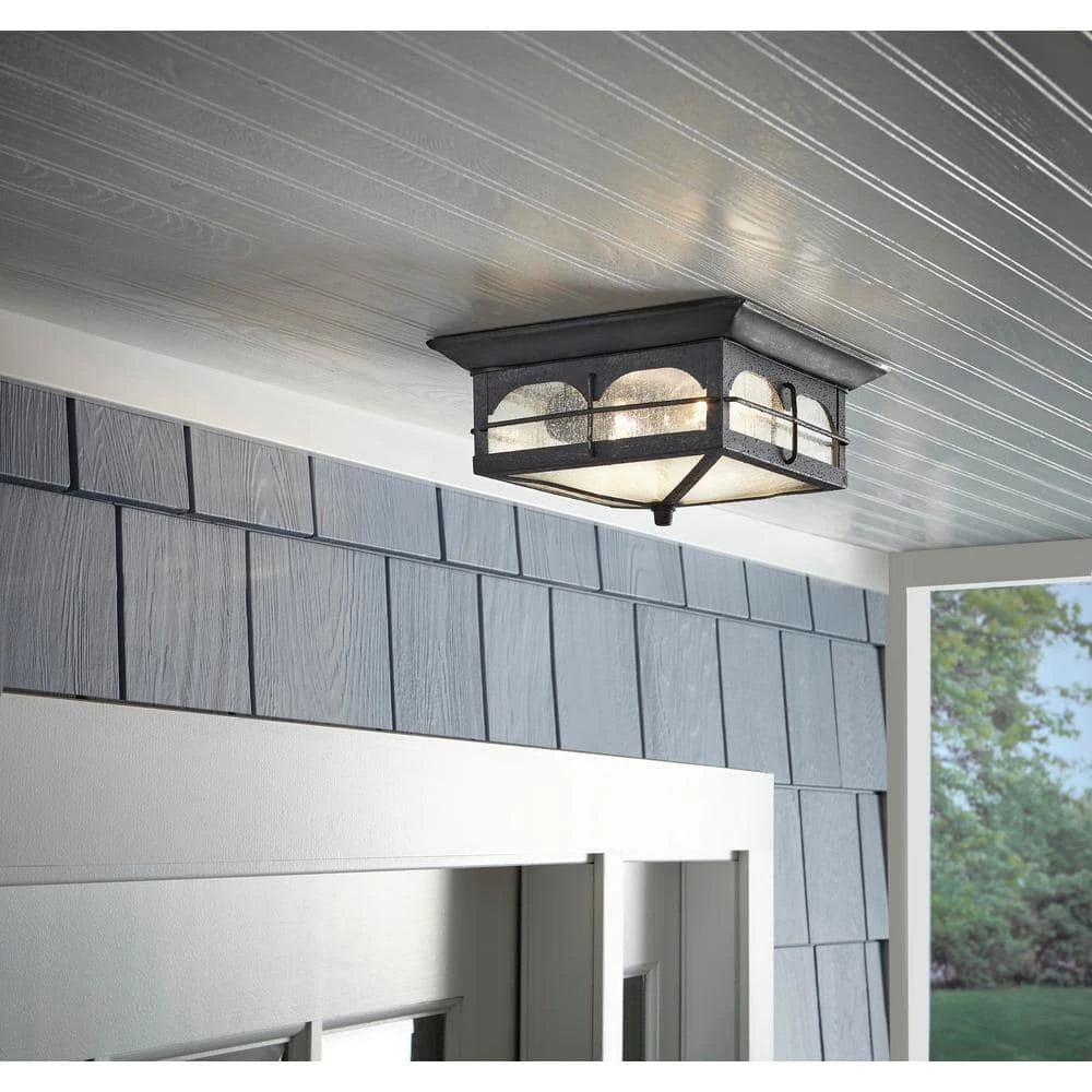 Home Decorators Collection Brimfield 11 in. Aged Iron 2 Light Outdoor Ceiling Flush Mount Light with Clear Seedy Glass Shade 4 Home Decorators Collection Brimfield 11 in. Aged Iron 2 Light Outdoor Ceiling Flush Mount Light with Clear Seedy Glass Shade - Image 2