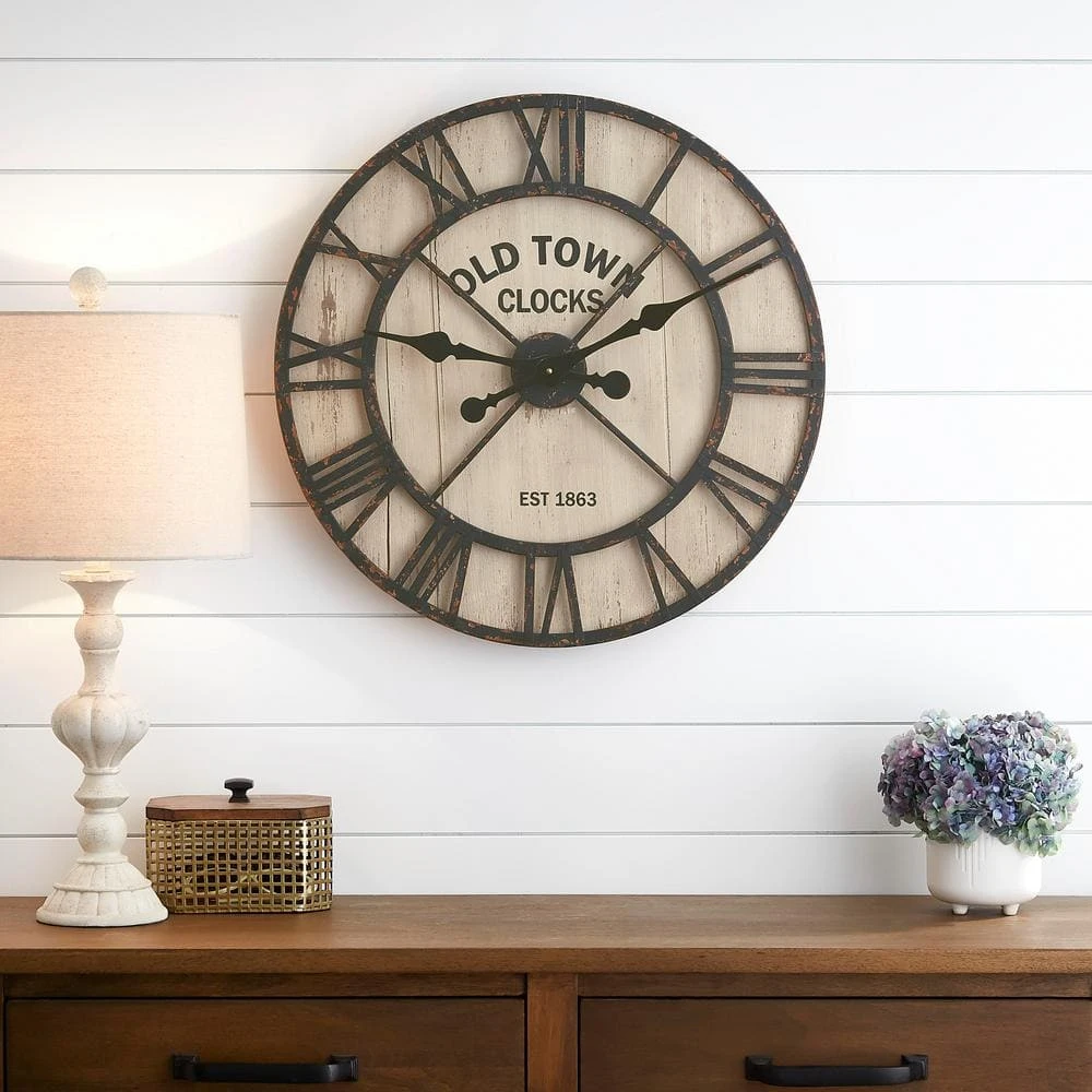Home Decorators Collection Rustic Black Metal and Natural Shiplap Decorative Wall Clock (23 in.) 5 Home Decorators Collection Rustic Black Metal and Natural Shiplap Decorative Wall Clock (23 in.) - Image 3