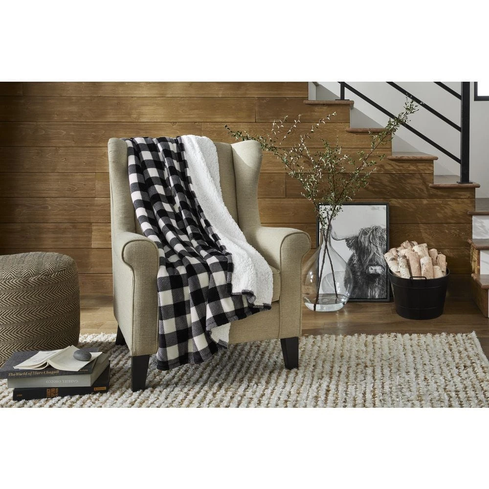 Home Decorators Collection Plush Black Buffalo Check Sherpa Throw Blanket 4 Home Decorators Collection Plush Black Buffalo Check Sherpa Throw Blanket - Image 2
