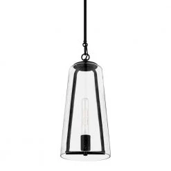 Home Decorators Collection Desmond 8 in. 1-Light Modern Black Hanging Pendant Light with Smoke Seeded Glass Shade