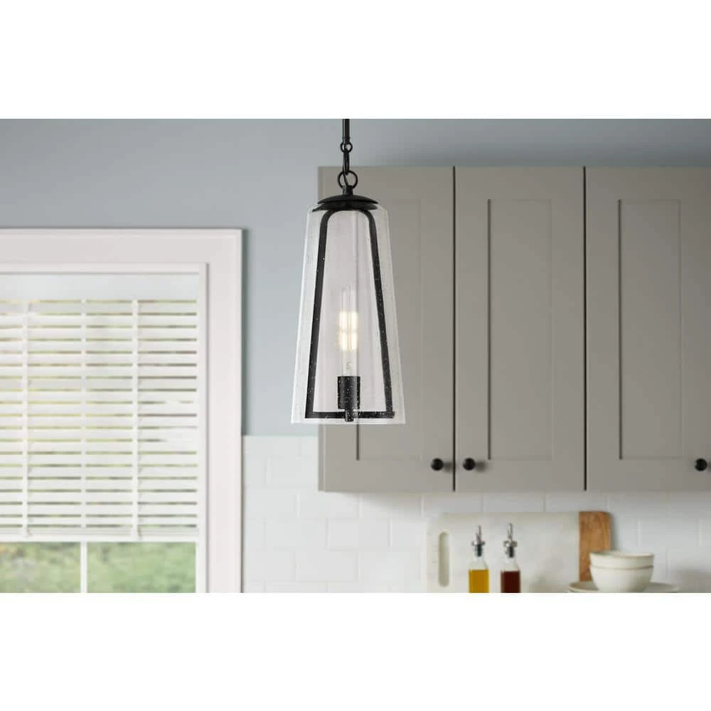 Home Decorators Collection Desmond 8 in. 1-Light Modern Black Hanging Pendant Light with Smoke Seeded Glass Shade 4 Home Decorators Collection Desmond 8 in. 1-Light Modern Black Hanging Pendant Light with Smoke Seeded Glass Shade - Image 2