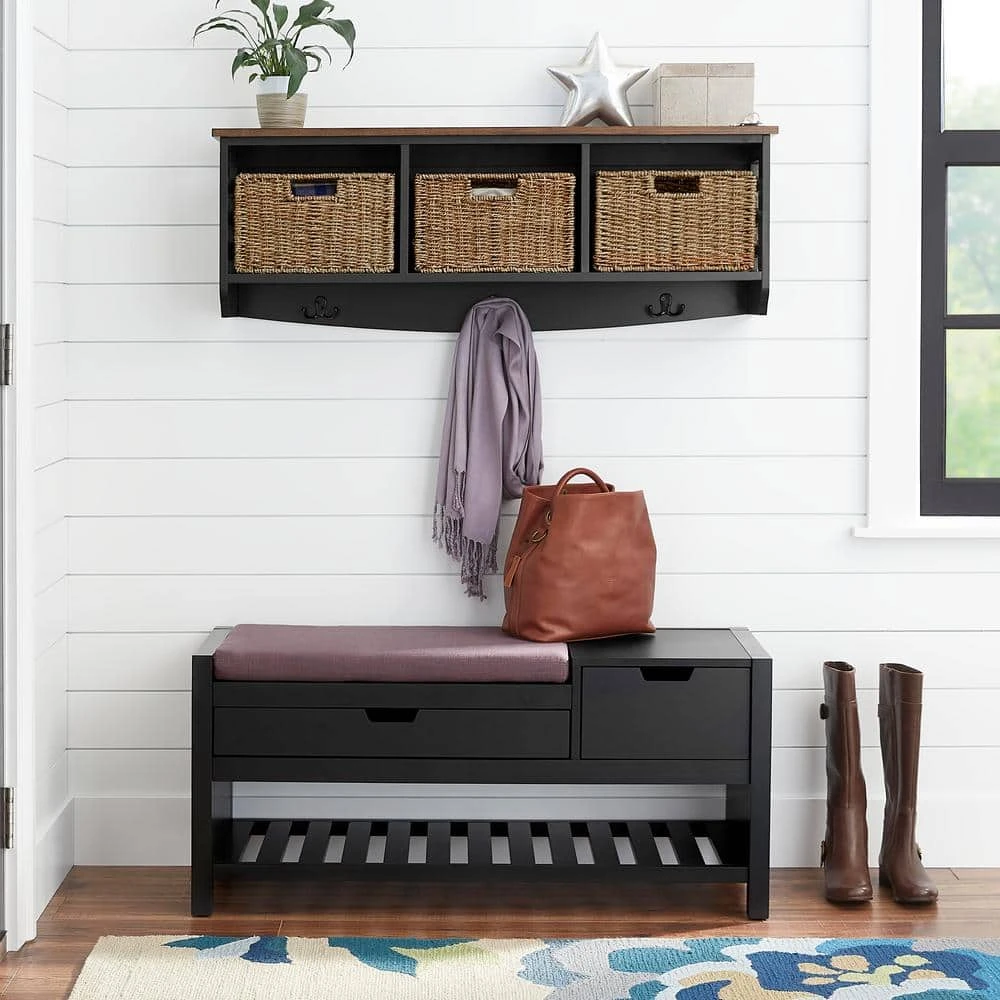 Home Decorators Collection 9.7 in. H x 40 in. W x 9.5 in. D Black and Walnut Wood Floating Decorative Cubby Wall Shelf with Hooks and Baskets 5 Home Decorators Collection 9.7 in. H x 40 in. W x 9.5 in. D Black and Walnut Wood Floating Decorative Cubby Wall Shelf with Hooks and Baskets - Image 3