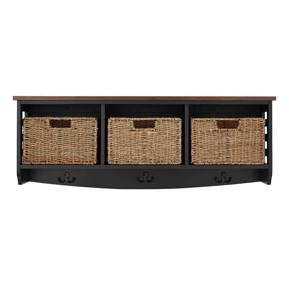 Home Decorators Collection 9.7 in. H x 40 in. W x 9.5 in. D Black and Walnut Wood Floating Decorative Cubby Wall Shelf with Hooks and Baskets 3 Home Decorators Collection 9.7 in. H x 40 in. W x 9.5 in. D Black and Walnut Wood Floating Decorative Cubby Wall Shelf with Hooks and Baskets