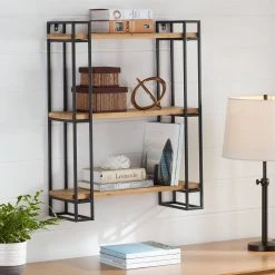 Home Decorators Collection 30 in. H x 24 in. W x 8 in. D Wood and Black Metal Wall-Mount Bookshelf -Flora Home Decorators Soldes black home decorators collection decorative shelving yx9z1006 bs 40 1000