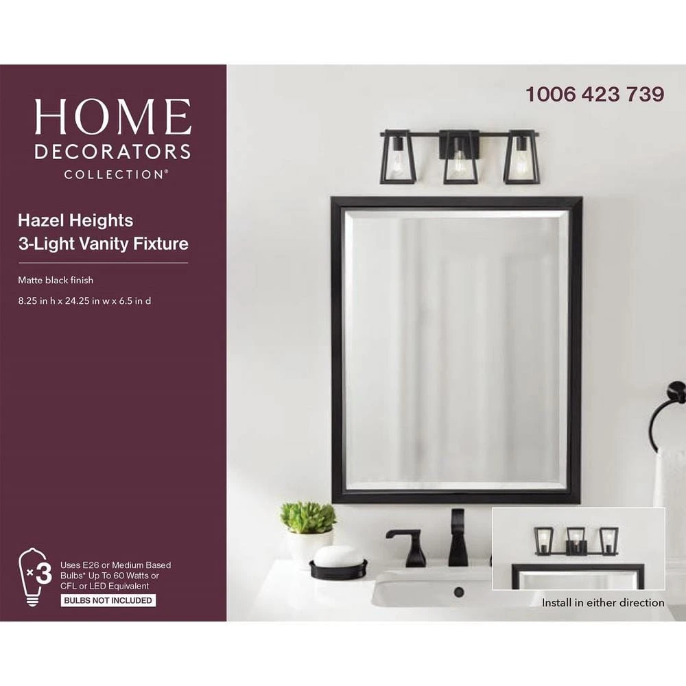 Home Decorators Collection Hazel Heights 24 in. 3-Light Black Rustic Farmhouse Bathroom Vanity Light 11 Home Decorators Collection Hazel Heights 24 in. 3-Light Black Rustic Farmhouse Bathroom Vanity Light - Image 9