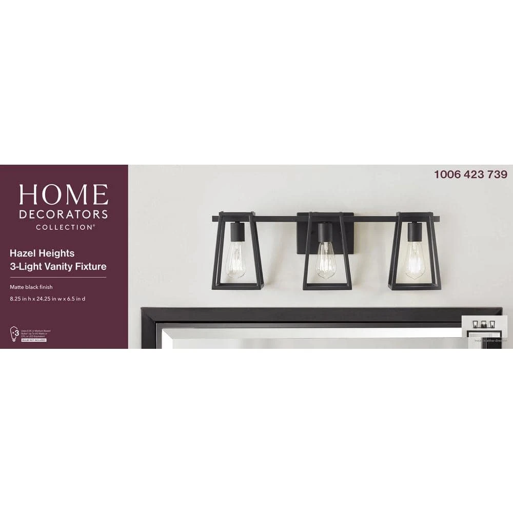Home Decorators Collection Hazel Heights 24 in. 3-Light Black Rustic Farmhouse Bathroom Vanity Light 12 Home Decorators Collection Hazel Heights 24 in. 3-Light Black Rustic Farmhouse Bathroom Vanity Light - Image 10