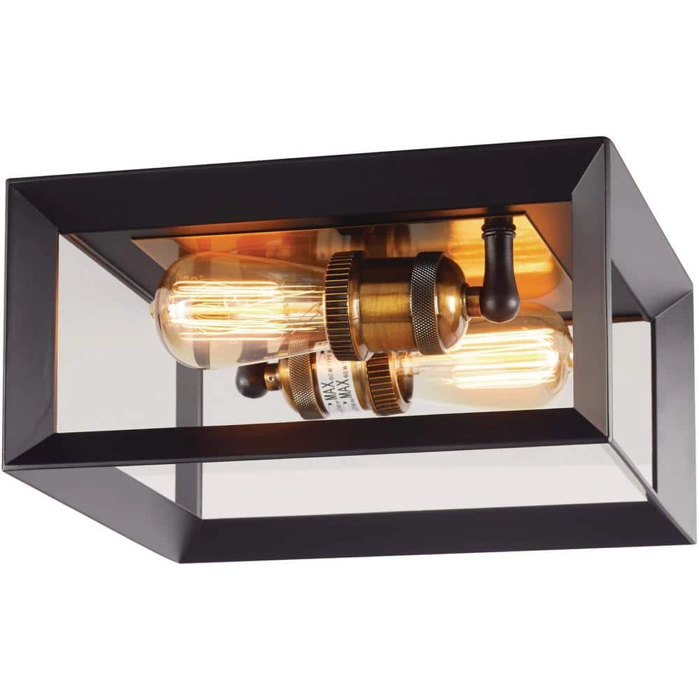 Home Decorators Collection Walden Forge 2-Light Black Frame Flush Mount Ceiling Light with Antique Brass Sockets 8 Home Decorators Collection Walden Forge 2-Light Black Frame Flush Mount Ceiling Light with Antique Brass Sockets - Image 6