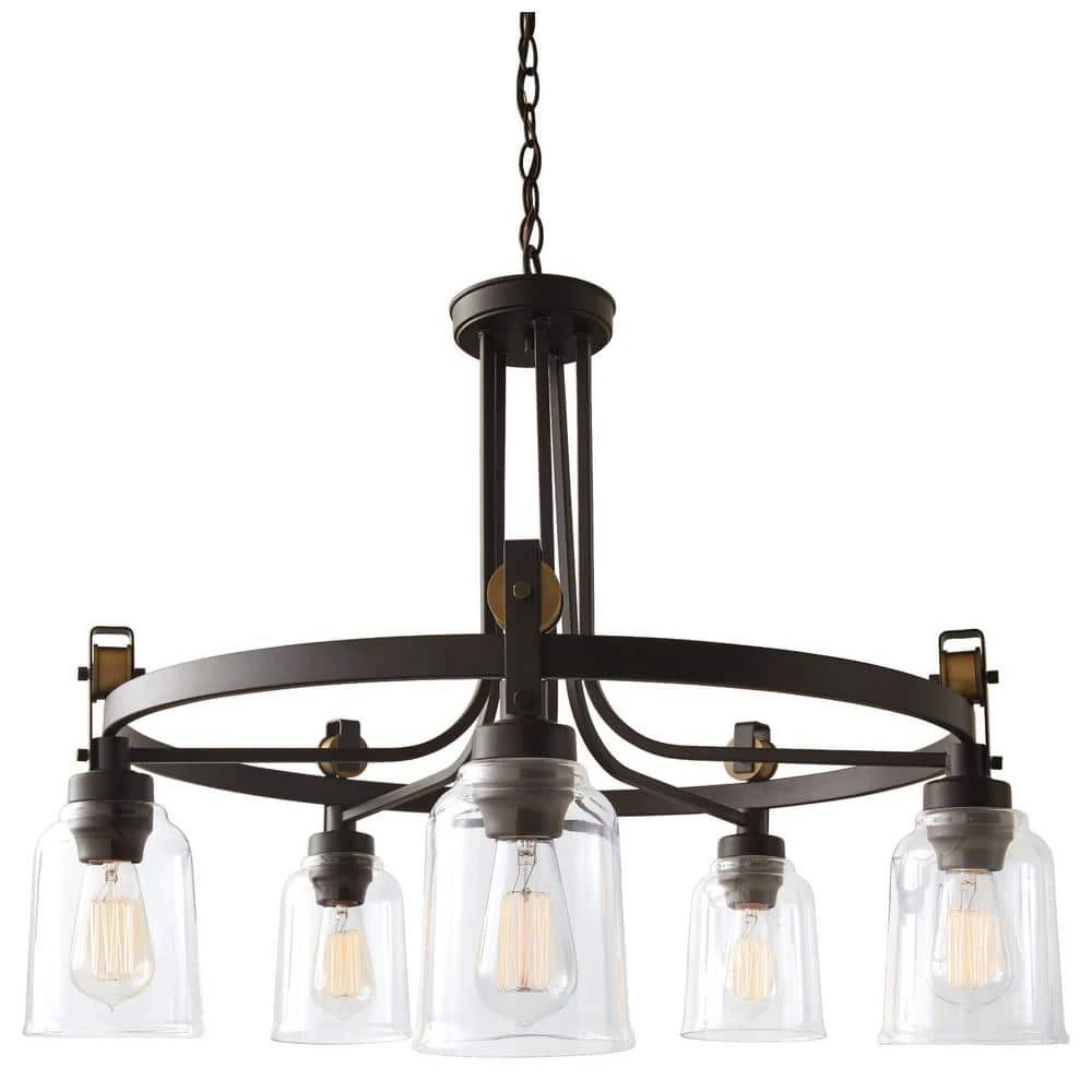 Home Decorators Collection Knollwood 30 in. 5-Light Blackened Bronze Industrial Round Chandelier with Brass Accents and Clear Glass Shades 9 Home Decorators Collection Knollwood 30 in. 5-Light Blackened Bronze Industrial Round Chandelier with Brass Accents and Clear Glass Shades - Image 7