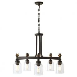 Home Decorators Collection Knollwood 30 in. 5-Light Blackened Bronze Industrial Round Chandelier with Brass Accents and Clear Glass Shades