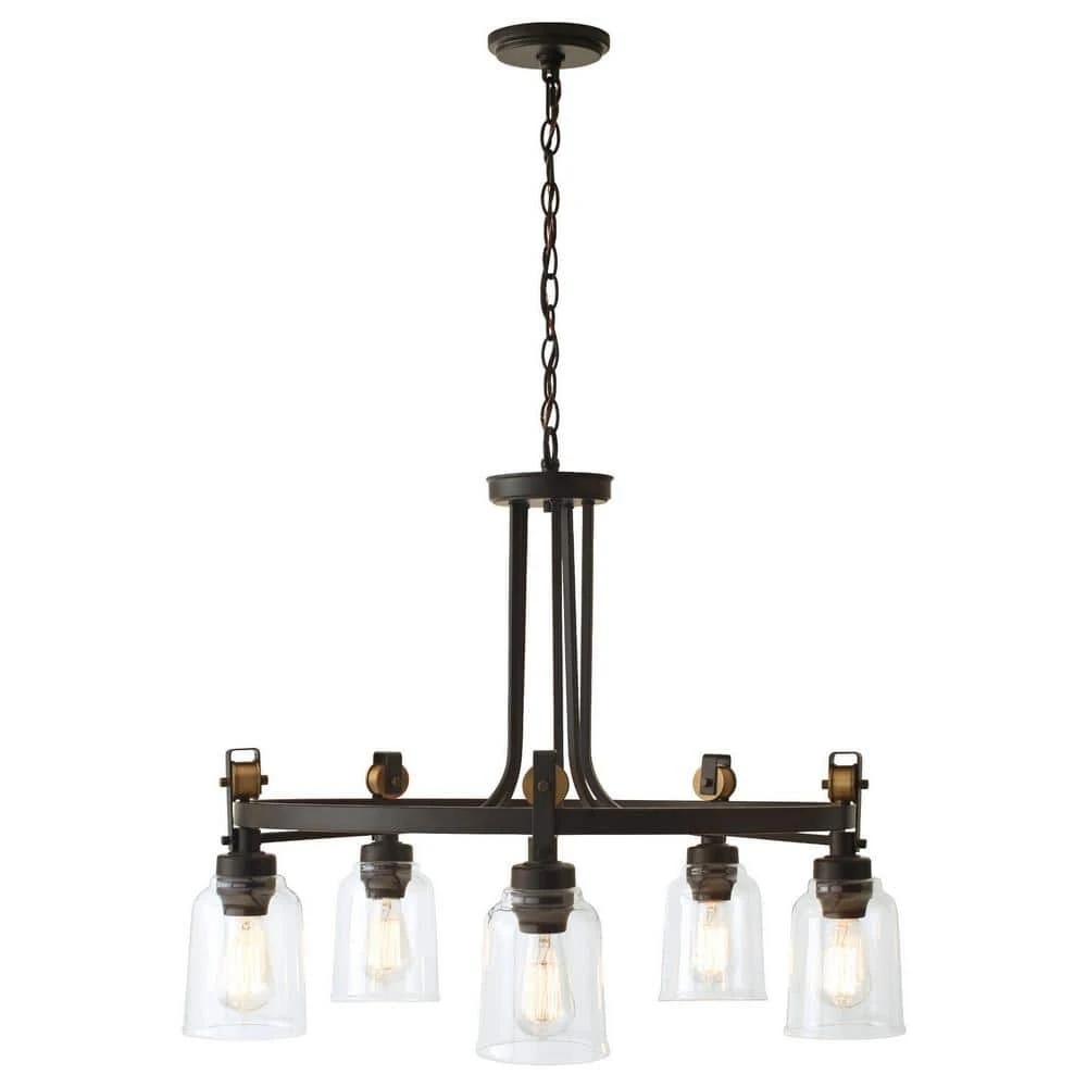 Home Decorators Collection Knollwood 30 in. 5-Light Blackened Bronze Industrial Round Chandelier with Brass Accents and Clear Glass Shades 3 Home Decorators Collection Knollwood 30 in. 5-Light Blackened Bronze Industrial Round Chandelier with Brass Accents and Clear Glass Shades