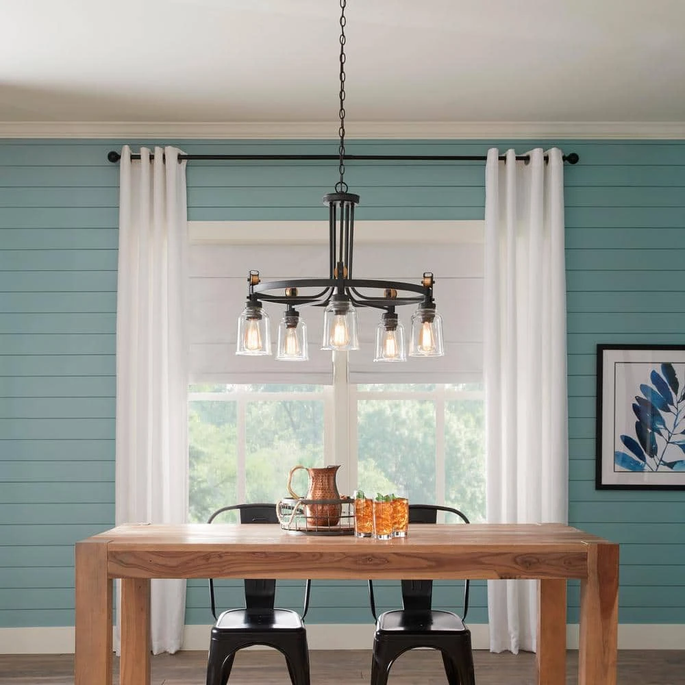 Home Decorators Collection Knollwood 30 in. 5-Light Blackened Bronze Industrial Round Chandelier with Brass Accents and Clear Glass Shades 4 Home Decorators Collection Knollwood 30 in. 5-Light Blackened Bronze Industrial Round Chandelier with Brass Accents and Clear Glass Shades - Image 2