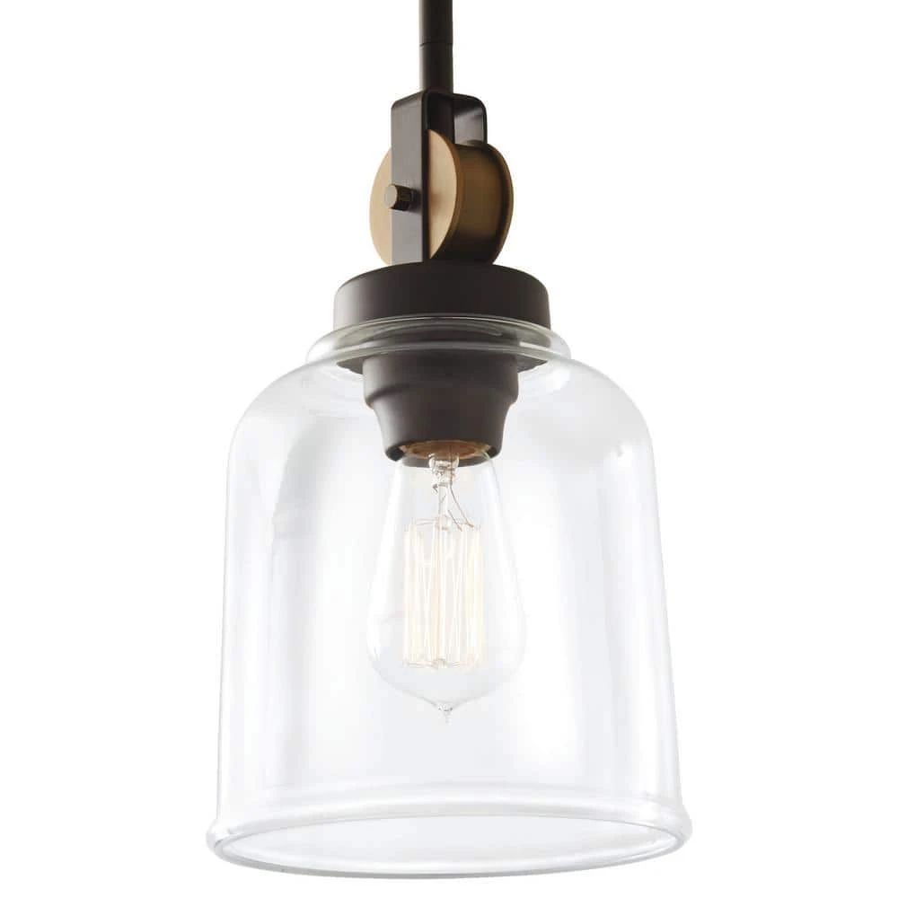 Home Decorators Collection Knollwood 7 in. 1-Light Blackened Bronze Industrial Mini Pendant Light with Vintage Brass Accents & Clear Glass Shade 7 Home Decorators Collection Knollwood 7 in. 1-Light Blackened Bronze Industrial Mini Pendant Light with Vintage Brass Accents & Clear Glass Shade - Image 5
