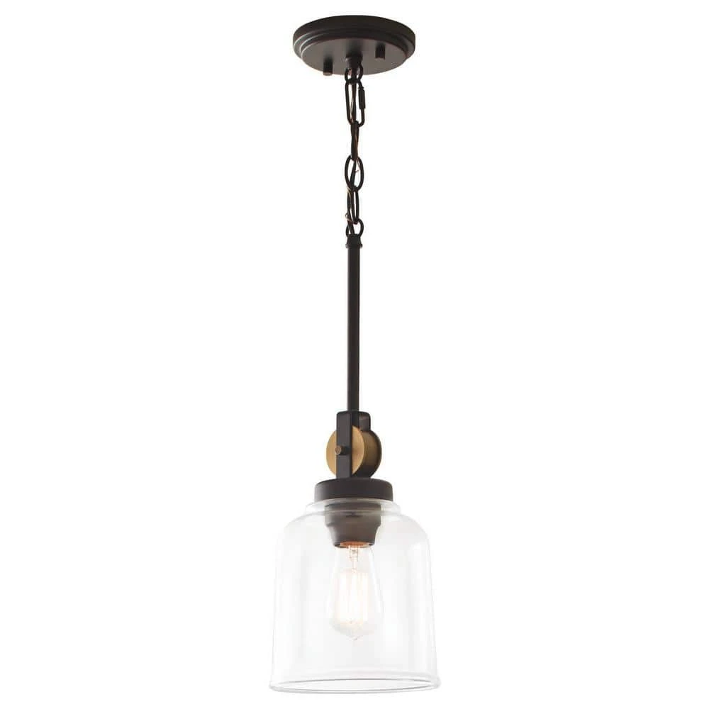 Home Decorators Collection Knollwood 7 in. 1-Light Blackened Bronze Industrial Mini Pendant Light with Vintage Brass Accents & Clear Glass Shade 8 Home Decorators Collection Knollwood 7 in. 1-Light Blackened Bronze Industrial Mini Pendant Light with Vintage Brass Accents & Clear Glass Shade - Image 6