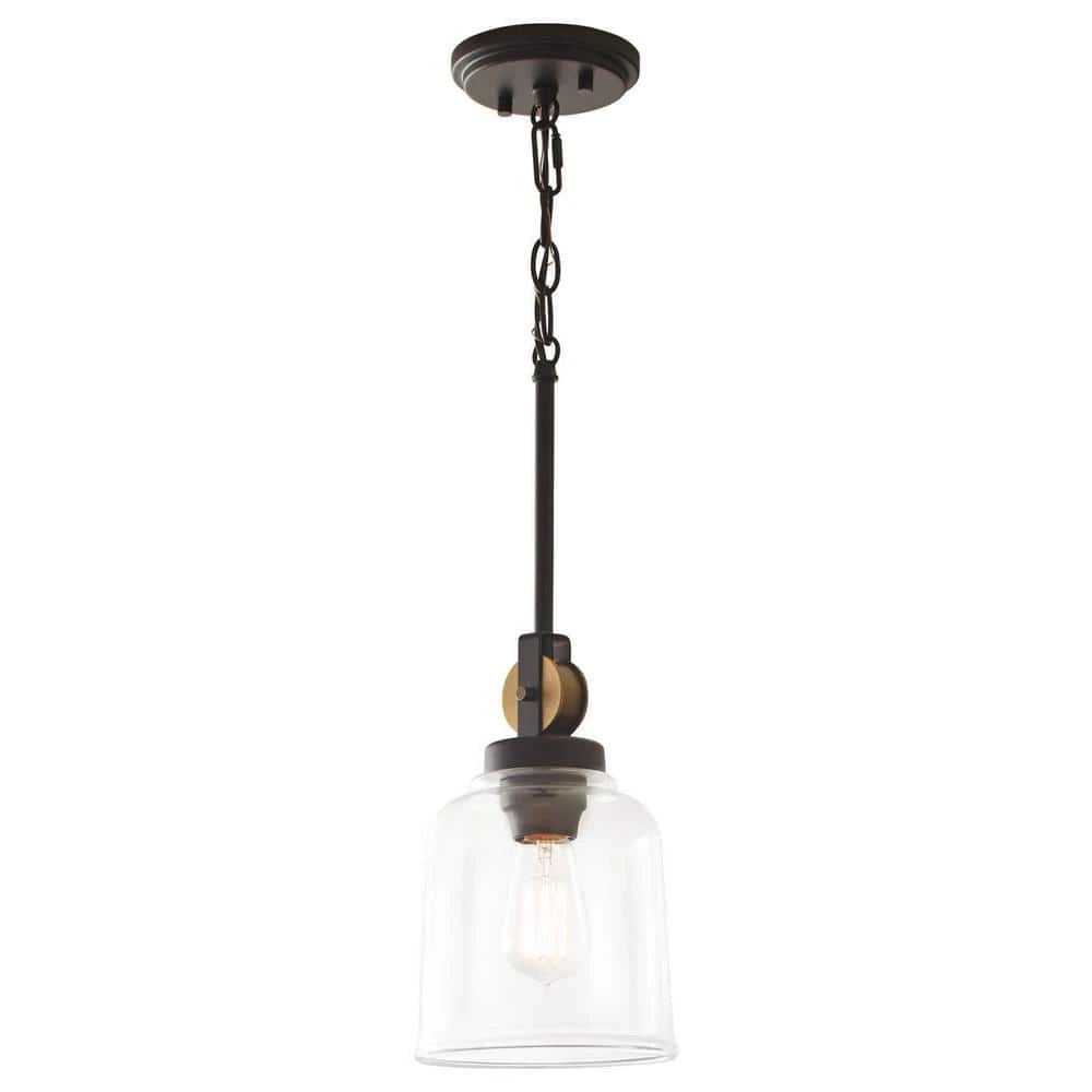 Home Decorators Collection Knollwood 7 in. 1-Light Blackened Bronze Industrial Mini Pendant Light with Vintage Brass Accents & Clear Glass Shade 3 Home Decorators Collection Knollwood 7 in. 1-Light Blackened Bronze Industrial Mini Pendant Light with Vintage Brass Accents & Clear Glass Shade