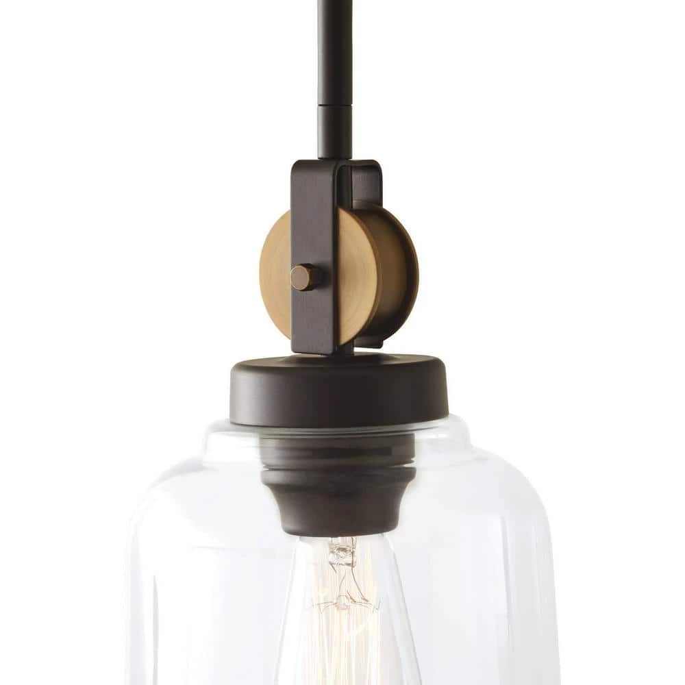 Home Decorators Collection Knollwood 7 in. 1-Light Blackened Bronze Industrial Mini Pendant Light with Vintage Brass Accents & Clear Glass Shade 9 Home Decorators Collection Knollwood 7 in. 1-Light Blackened Bronze Industrial Mini Pendant Light with Vintage Brass Accents & Clear Glass Shade - Image 7