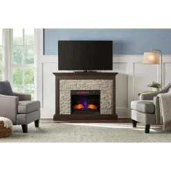 Home Decorators Collection Whittington 50 in. Freestanding Electric Fireplace in Brushed Dark Pine with Gray Faux Stone