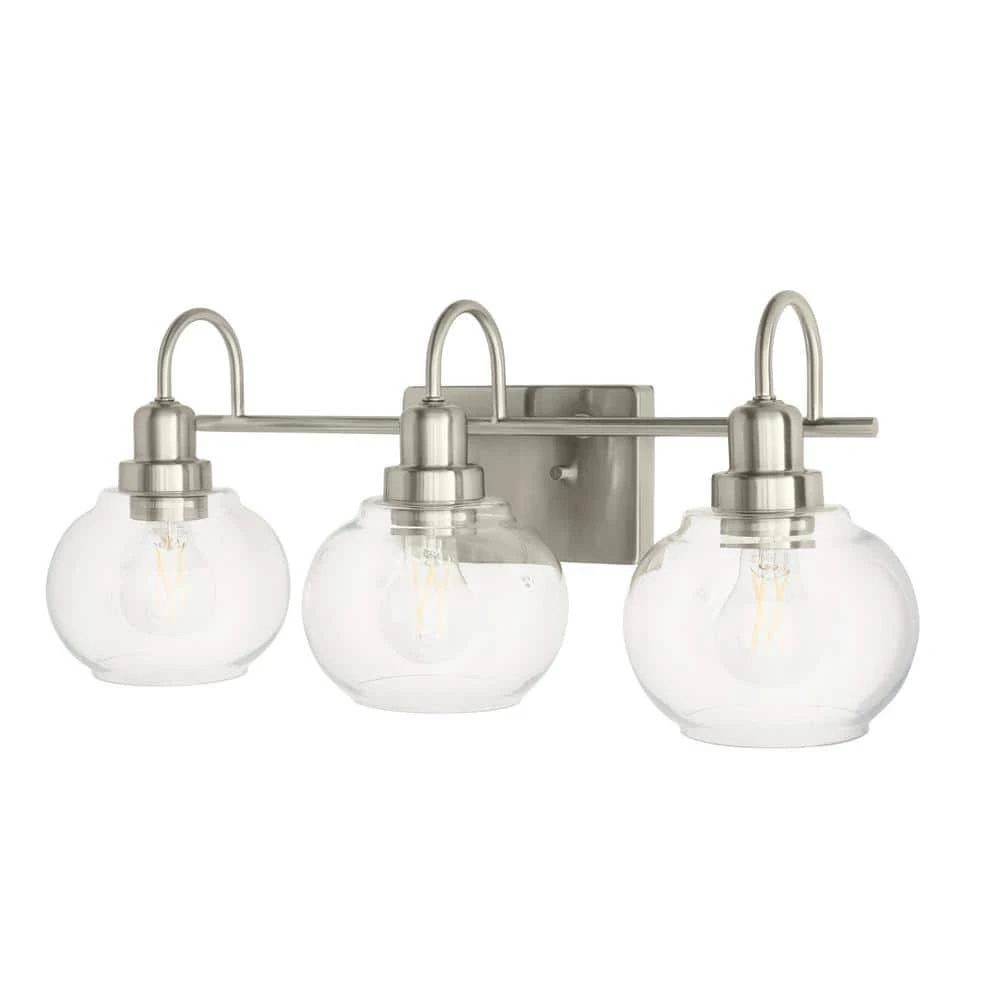 Home Decorators Collection Halyn 23 in. 3-Light Brushed Nickel Bathroom Vanity Light with Clear Glass Shades 11 Home Decorators Collection Halyn 23 in. 3-Light Brushed Nickel Bathroom Vanity Light with Clear Glass Shades - Image 9