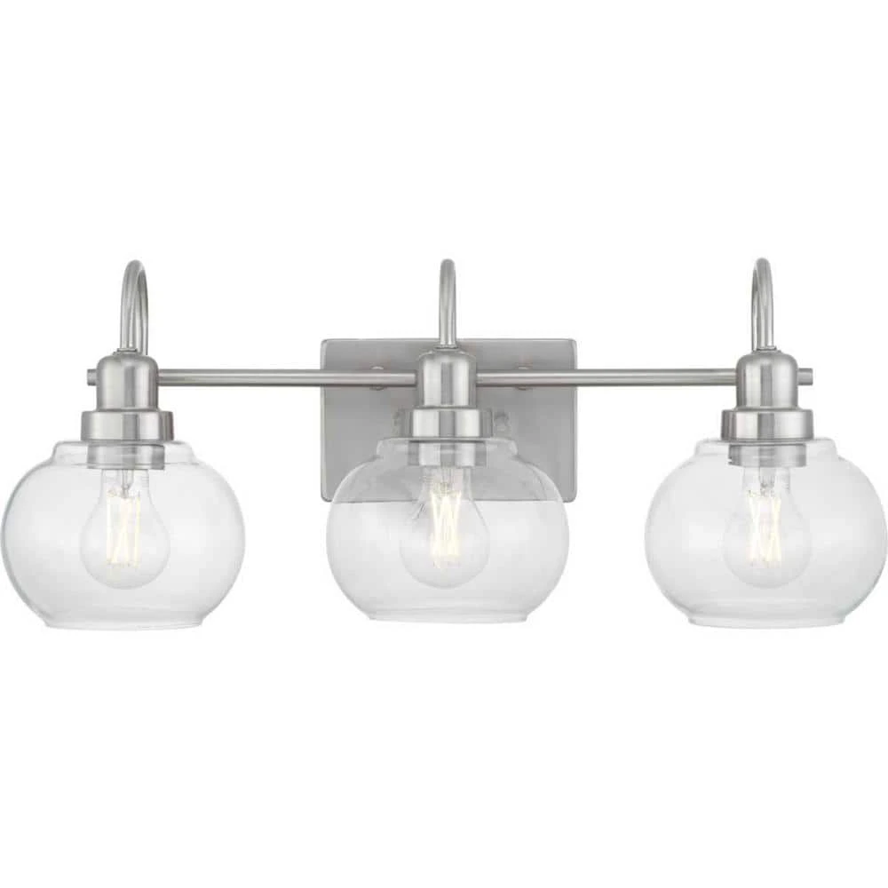Home Decorators Collection Halyn 23 in. 3-Light Brushed Nickel Bathroom Vanity Light with Clear Glass Shades 3 Home Decorators Collection Halyn 23 in. 3-Light Brushed Nickel Bathroom Vanity Light with Clear Glass Shades