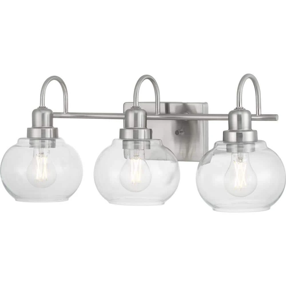 Home Decorators Collection Halyn 23 in. 3-Light Brushed Nickel Bathroom Vanity Light with Clear Glass Shades 9 Home Decorators Collection Halyn 23 in. 3-Light Brushed Nickel Bathroom Vanity Light with Clear Glass Shades - Image 7