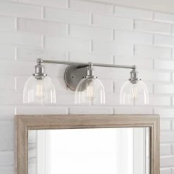 Home Decorators Collection Evelyn 26.75 in. 3-Light Brushed Nickel Modern Industrial Bathroom Vanity Light with Clear Glass Shades -Flora Home Decorators Soldes brushed nickel with clear glass home decorators collection vanity lighting hb2586 35 1d 1000
