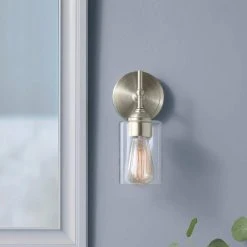 Home Decorators Collection Ayelen 1-Light Brushed Nickel Indoor Wall Sconce, Modern Wall Light -Flora Home Decorators Soldes brushed nickel with clear glass home decorators collection wall sconces 39342 hbu 40 1000