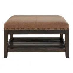 Home Decorators Collection Hayesbrook Camel Upholstered Square Ottoman with Nailhead Trim and Smoke Wood Accents (32" W)