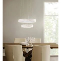 Home Decorators Collection Wesley Park 150-Watt Integrated LED Chrome Pendant Hanging Light with Clear Round Acrylic Ring Shades -Flora Home Decorators Soldes chrome home decorators collection chandeliers 21222 77 1000