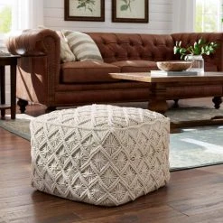 Home Decorators Collection Cream Square Macrame Floor Pouf Ottoman (20 in.) -Flora Home Decorators Soldes cream home decorators collection ottomans mh 1839 40 1000