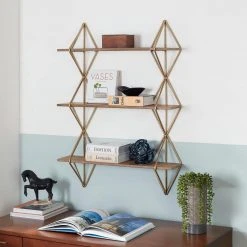 Home Decorators Collection 37 in. H x 27 in. W x 7 in. D Wood and Gold Metal Wall-Mount Bookshelf -Flora Home Decorators Soldes gold home decorators collection decorative shelving l175586xx 40 1000