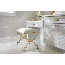 Home Decorators Collection Ivory Upholstered Metal Vanity Stool with Gold Base (23.50 in W. X 21.25 in H.) -Flora Home Decorators Soldes gold home decorators collection makeup vanities l165432xxa np 40 1000