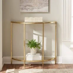 Home Decorators Collection Bella 32 in. Gold Leaf/Clear Standard Half Moon Glass Console Table with Storage -Flora Home Decorators Soldes gold leaf home decorators collection console tables v183103xxa np 40 1000