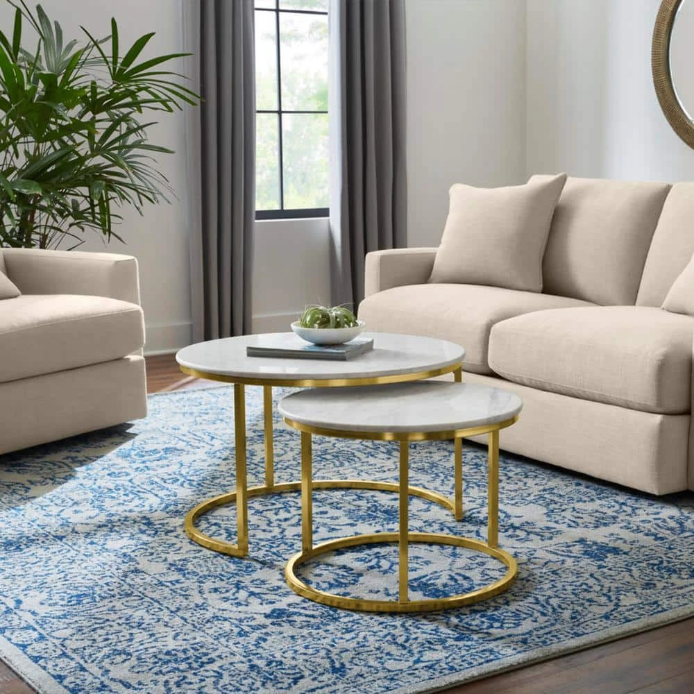 Home Decorators Collection Cheval 2-Piece 31 in. Gold/Marble Medium Round Marble Coffee Table Set 5 Home Decorators Collection Cheval 2-Piece 31 in. Gold/Marble Medium Round Marble Coffee Table Set - Image 3