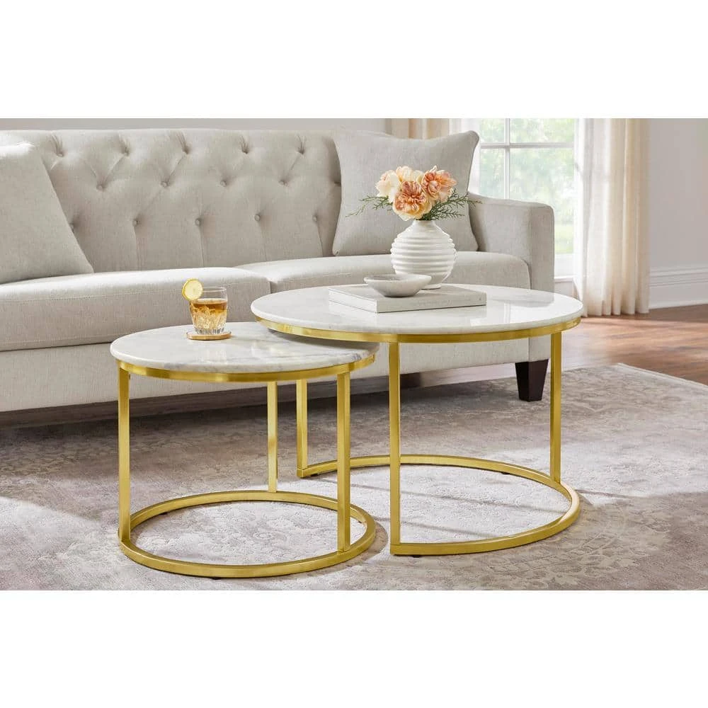 Home Decorators Collection Cheval 2-Piece 31 in. Gold/Marble Medium Round Marble Coffee Table Set 3 Home Decorators Collection Cheval 2-Piece 31 in. Gold/Marble Medium Round Marble Coffee Table Set
