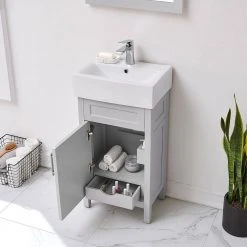 Home Decorators Collection Arvesen 18 in. W x 12 in. D Vanity in Dove Grey with Ceramic Vanity Top in White with White Sink -Flora Home Decorators Soldes home decorators collection bathroom vanities with tops arvesen 18g 40 1000