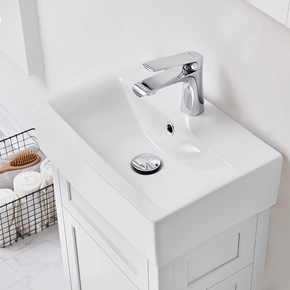 Home Decorators Collection Arvesen 18 in. W x 12 in. D Vanity in White with Ceramic Vanity Top in White with White Sink 6 Home Decorators Collection Arvesen 18 in. W x 12 in. D Vanity in White with Ceramic Vanity Top in White with White Sink - Image 4