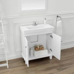 Home Decorators Collection Parkbridge 30 in. W x 15.10 in. D Vanity in White with Ceramic Vanity Top in White with White Sink -Flora Home Decorators Soldes home decorators collection bathroom vanities with tops parkbridge 30 40 1000
