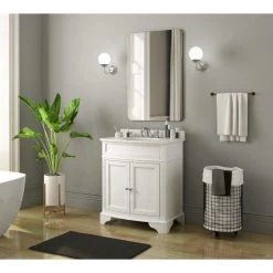 Home Decorators Collection Terryn 31 in. W x 20 in. D x 35 in. H Vanity in White with Engineered White Marble Top and White Sink -Flora Home Decorators Soldes home decorators collection bathroom vanities with tops tj tnv3120wh 4f 1000