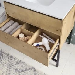 Home Decorators Collection Ventford Reclaimed 36 in. Bath Vanity in Brushed Light Oak with Artificial Carrara Vanity Top with White Basin -Flora Home Decorators Soldes home decorators collection bathroom vanities with tops va wg0501 40 1000