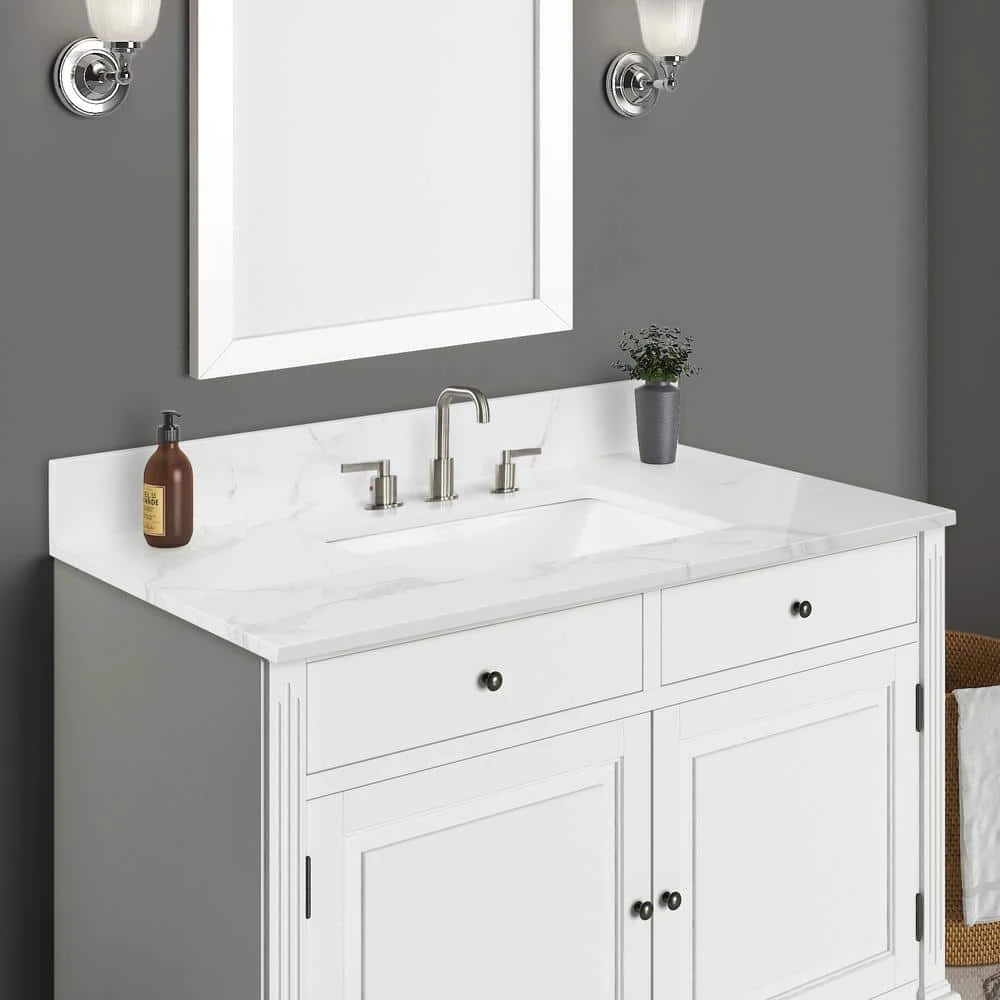 Home Decorators Collection 43 in. W x 22 in. D x 0.75 in. H Engineered Marble Vanity Top in Calacatta White with White Basin 6 Home Decorators Collection 43 in. W x 22 in. D x 0.75 in. H Engineered Marble Vanity Top in Calacatta White with White Basin - Image 4