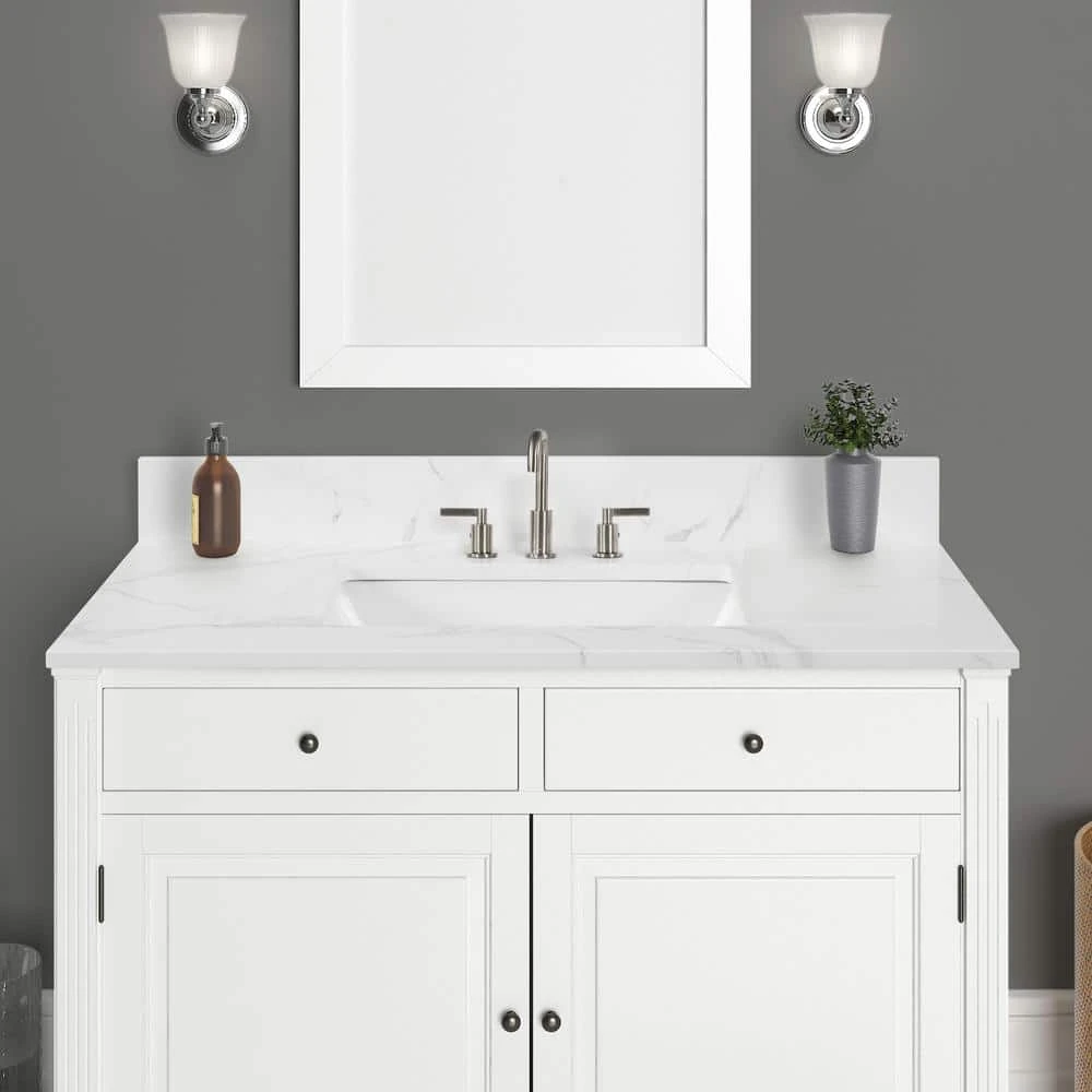 Home Decorators Collection 43 in. W x 22 in. D x 0.75 in. H Engineered Marble Vanity Top in Calacatta White with White Basin 12 Home Decorators Collection 43 in. W x 22 in. D x 0.75 in. H Engineered Marble Vanity Top in Calacatta White with White Basin - Image 10