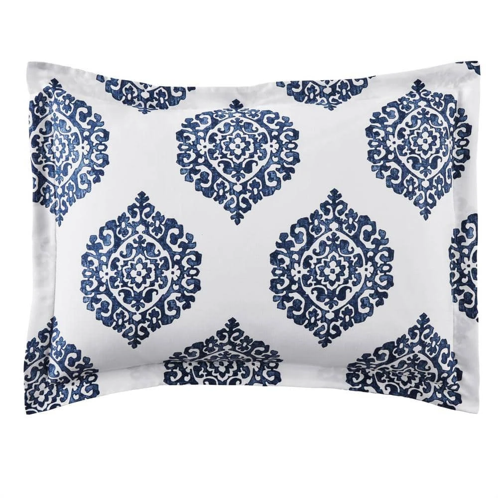 Home Decorators Collection Lenora 3-Piece Blue and White Medallion Sateen Full/Queen Comforter Set 6 Home Decorators Collection Lenora 3-Piece Blue and White Medallion Sateen Full/Queen Comforter Set - Image 4