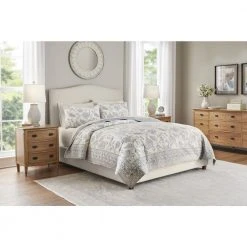 Home Decorators Collection 3-Piece Lake Blue Floral Tonal Block Print Cotton Full/Queen Quilt Set -Flora Home Decorators Soldes home decorators collection bedding sets phc 140 22 40 1000