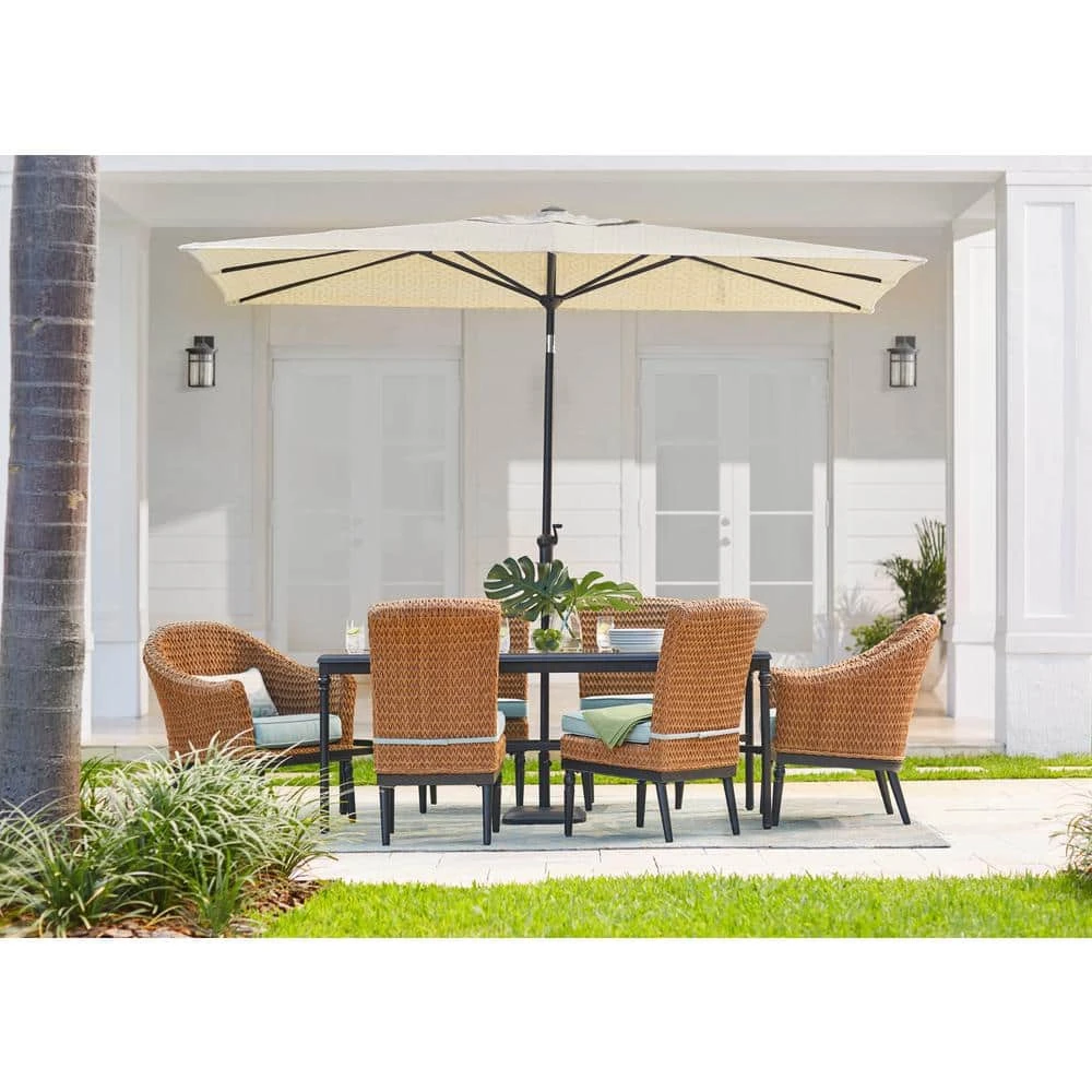 Home Decorators Collection Camden 10 ft. x 6 ft. Aluminum Patio Umbrella in Fretwork Flax 4 Home Decorators Collection Camden 10 ft. x 6 ft. Aluminum Patio Umbrella in Fretwork Flax - Image 2