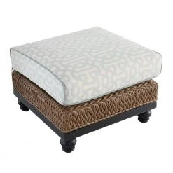 Home Decorators Collection Camden Light Brown Seagrass Wicker Outdoor Patio Ottoman with Sunbrella Cast Spa & Fretwork Mist Cushions