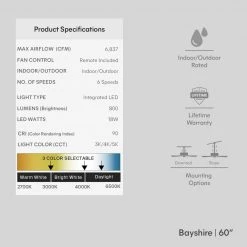 Home Decorators Collection Bayshire 60 in. LED Indoor/Outdoor Matte Black Ceiling Fan with Remote Control and White Color Changing Light Kit -Flora Home Decorators Soldes matte black finish home decorators collection ceiling fans with lights 102l60mbkddw 76 1000