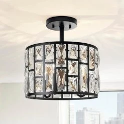Home Decorators Collection Kristella 12.5 in. 3-Light Matte Black Semi Flush Mount Light with Clear Crystal Shade -Flora Home Decorators Soldes matte black home decorators collection flush mount lights 31820 hbb e1 1000