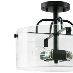 Home Decorators Collection Shirwell 13.5 in. 3-Light Matte Black Round Semi-Flush Mount, Modern Ceiling Light with Clear Glass Drum Shade -Flora Home Decorators Soldes matte black home decorators collection flush mount lights ds18094sf1 c3 1000