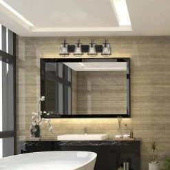 Home Decorators Collection Georgina 30 in. 4-Light Matte Black Industrial Bathroom Vanity Light with Clear Seeded Glass Shades -Flora Home Decorators Soldes matte black home decorators collection vanity lighting hb2584 43 40 1000