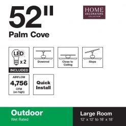Home Decorators Collection Palm Cove 52 in. Indoor/Outdoor LED Natural Iron Ceiling Fan with Light Kit, Downrod and Reversible Motor -Flora Home Decorators Soldes natural iron home decorators collection ceiling fans with lights 51422 1d 1000